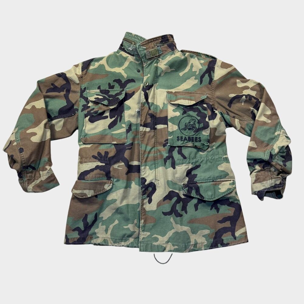 Vintage 80s US Navy Seabees M-65 Field Jacket Woodland Camo Medium Regular 1981